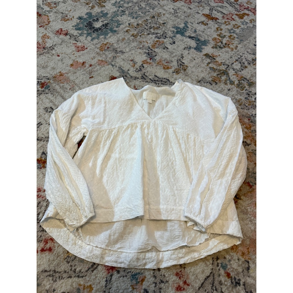 Every White Cotton Eyelet Babydoll Blouse V-Neck High-Low Top XS Cottage